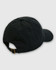 A black polo cap with a curved brim and an adjustable strap at the back, featuring a logo.