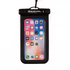 A waterproof phone pouch in black, featuring a clear front to display a smartphone screen and a hanging strap.