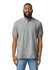 A grey adult polo shirt with a three-button placket and a collar, featuring a branding logo.