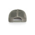 A grey mesh trucker cap with a plastic adjustable strap at the back and a logo on the side.