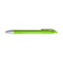 A bright green gel ink pen with a sleek silver tip and a minimalistic design, featuring a branding logo.
