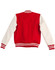A varsity jacket in red and white with striped cuffs and collar, featuring a logo on the front.