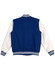 A wool blend varsity jacket featuring a blue body and white sleeves, with a striped collar and cuffs.