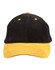A black peak cap with a yellow suede visor and yellow accents, featuring a logo on the front.