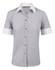A short sleeve shirt featuring a tic stripe pattern, primarily in grey with white cuffs and collar. It has a logo.