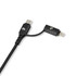 A black charging cable with USB-C and Lightning connectors, featuring a braided design for durability.