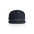 A navy cap featuring a decorative rope band and a logo on the front.