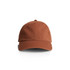 A brown five-panel cap with a curved brim and a fitted design; features a logo on the front.