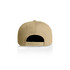 A tan cap with a snapback closure, featuring a smooth texture and ventilation holes. The inside is mostly black.