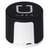 A wireless speaker in black and silver, featuring a logo. Compact design with a USB port.