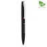 A black metal pen with a white clip and a small red accent, featuring a logo on its body.