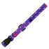 A purple dog collar featuring paw print designs and text. It has a buckle and a metal ring for attachment.