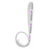 A white dog leash featuring a patterned design in purple, with a looped handle and a branding logo.