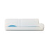 A mini lint roller in a white casing with a blue adhesive strip and a circular end. It features a logo.