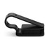A black visor glasses holder with a curved clip for securing sunglasses or glasses. Features a textured grip surface.