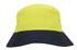 A luminescent safety bucket hat in bright yellow with a navy blue brim. Features branding on the hat.