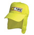 A bright yellow cap with a flap at the back and a logo on the front.