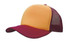 A truckers mesh cap featuring a yellow front panel and maroon brim and mesh. It includes a branding logo.