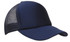 A navy truckers mesh cap with a solid front and a breathable mesh back. Features a logo on the front.