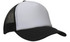 A truckers mesh cap featuring a white front panel and a black brim, with a mesh back and a logo.
