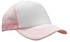 A pink and white truckers mesh cap with a solid front and a mesh back, featuring a logo.