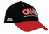 A black and red cap featuring a logo and text, with a curved visor and stitched detailing.