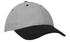 A cap featuring a grey top and a black brim, with a logo on the front.