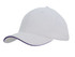 A white cap with a purple sandwich trim, featuring a rounded crown and curved brim. It has a branding logo.