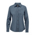 A women's button-up shirt in a dark teal colour, featuring long sleeves and a chest pocket. It has a logo.