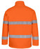 High-visibility softshell jacket in orange with reflective strips and a logo. Suitable for workwear.