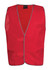 A bright red tricot work vest featuring grey trim, with a pocket on the front and a logo on the label.