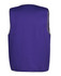 A purple work vest with grey trim, featuring a logo on the back.