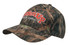 A camouflage 6-panel cap featuring shades of green and brown, with a logo on the front.