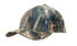 A camouflage 6-panel cap in shades of brown and green, featuring a branding logo on the front.