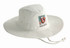 A white poly cotton slouch hat featuring a logo on the front and ventilated holes for breathability.