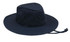 A navy slouch hat with a wide brim and adjustable string, featuring ventilation holes and a branding logo.