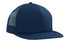 A navy trucker mesh cap with a flat peak and a mesh back, featuring a logo on the front.