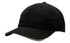 A black cap with a curved brim and a contrasting trim, featuring an adjustable strap at the back.
