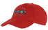 A red college cap featuring an embroidered design of colourful houses and seagulls. It has a branded logo.