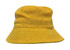 A yellow terry towelling bucket hat with a soft texture and a wide brim. It features a logo.