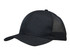 A black cap with a breathable poly twill front and honeycomb mesh back, featuring a logo.