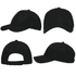 A black baseball cap featuring breathable poly twill and circular perforations, displayed from multiple angles.
