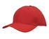 A red cap with triangle perforations on the side and a curved brim. It features a logo on the front.