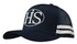 A navy trucker cap with stripes and a logo on the front, featuring a mesh back for breathability.