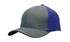 A cap featuring brushed heavy cotton in grey with a contrasting blue panel, complete with a logo.