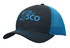 A black and blue cap featuring a mesh back and a logo on the front.