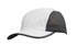 A white cap with a black bee hive mesh panel and a curved brim, featuring a logo on the front.