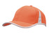 An orange cap with a white trim and a sporty design, featuring a logo on the front.