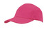 A pink cap with a curved brim and a smooth finish, featuring a logo on the side.