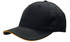 A black cap with a sandwich trim featuring an orange peak. It has a logo on the side.